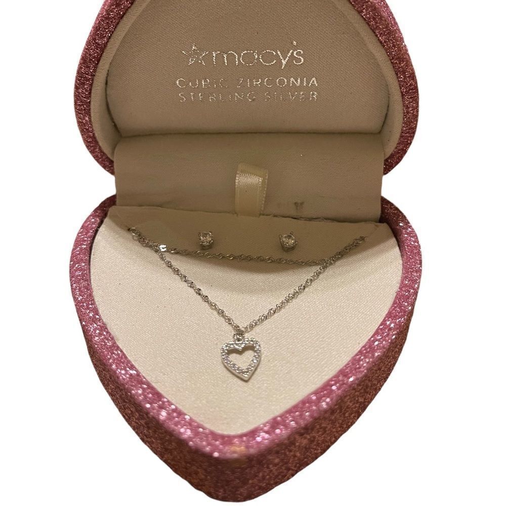 NWT Sterling Silver cubic zirconia post earrings and heart chain necklace